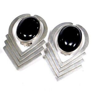 Vintage Modernist 925 Sterling Silver Black Onyx Chevron Earrings, Geometric